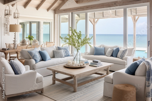 A cozy coastal living room with a whitewashed wooden ceiling, plush blue sofas, and driftwood coffee tables Generative AI