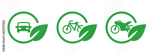 Car motorbike bike motorcycle bicycle in green leaves circle icon symbol of eco friendly environment green transportation