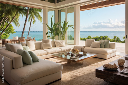 A serene coastal living room with large windows overlooking the ocean, inviting in the natural light and sea breeze Generative AI