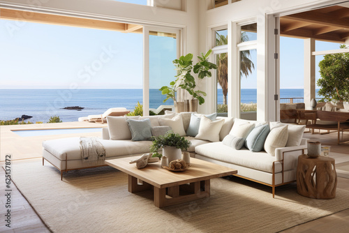 A serene coastal living room with large windows overlooking the ocean, inviting in the natural light and sea breeze Generative AI © Denis Yevtekhov