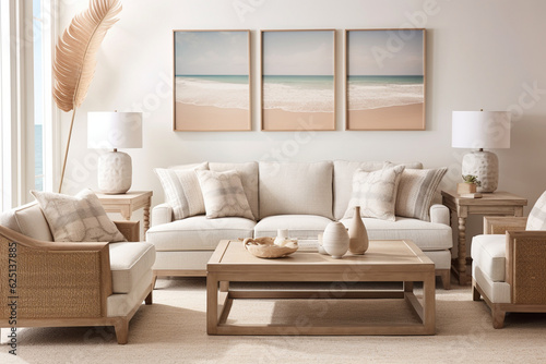 A coastal-inspired living room with sandy beige walls, adorned with seashell decor and framed beach artwork Generative AI