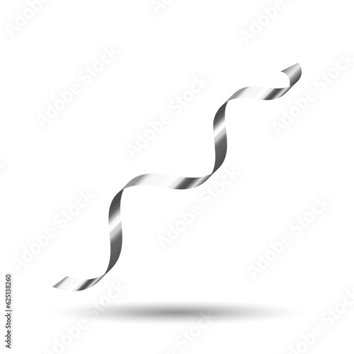 Decorative silver curling ribbon element. Christmas, New year, Birthday, Valentine's, Wedding, Holiday or Event decoration.  Isolated on white background with shadow. Realistic vector illustration.