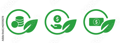 Money cash coin in green leaves circle icon set collection symbol of environment sustainable money management