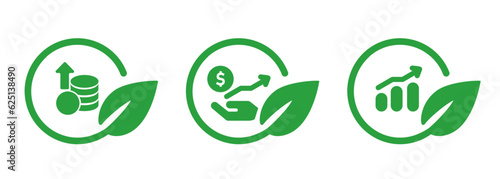 Impact investing green eco investment sustainable growth in green leaves circle icon set collection