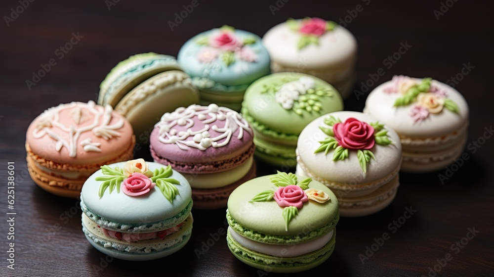  a bunch of colorful macaroons sitting on a table.  generative ai