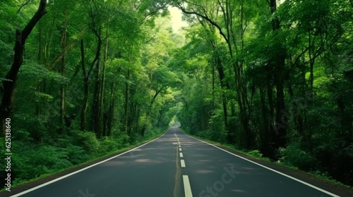 Flat view of road through green forest. Generative AI