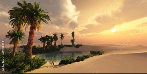 Tela Oasis at sunset in a sandy desert, a panorama of the desert with palm trees,
3d