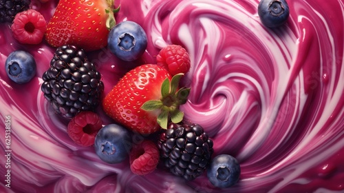  a painting of berries and raspberries on a swirly background.  generative ai