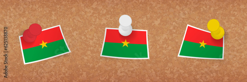 Burkina Faso flag pinned in cork board, three versions of Burkina Faso flag.