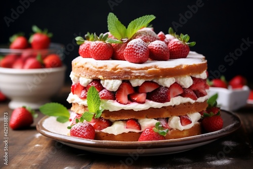 Scrumptious Strawberry Biscuit Cake Torte Dessert. Generative AI