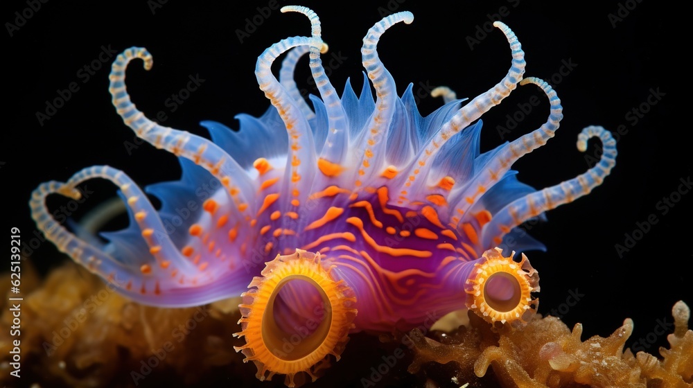  a close up of a purple and orange sea anemone.  generative ai