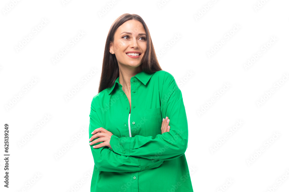 charming young 30 year old european brunette woman model with long hair and brown eyes dressed in casual green shirt charming young 30 year old european brunette woman model with long hair and brown eyes dressed in casual green shirt