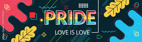 Pride Love banner with modern retro abstract background design. Colorful Rainbow LGBT rights campaign. Lesbians, gays, bisexuals, transgenders, queer. Raised fists.