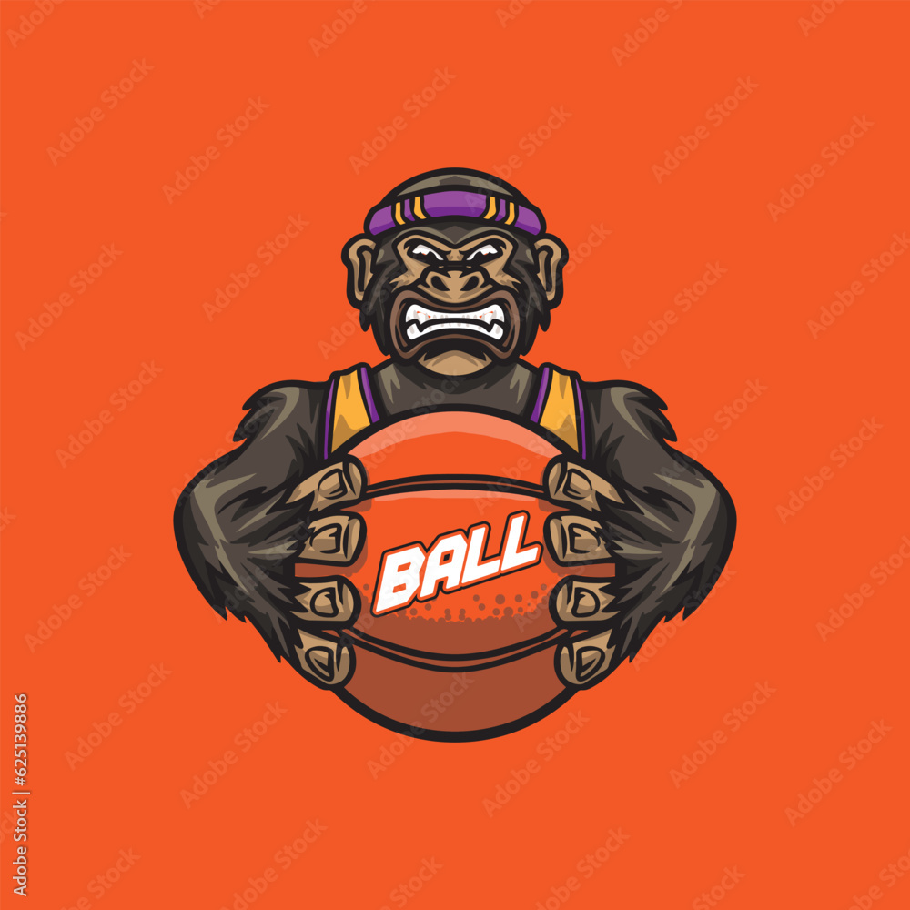 Gorilla mascot logo design vector for sport team with basketball ball for streetwear needs