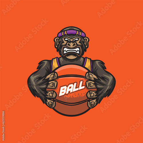 Gorilla mascot logo design vector for sport team with basketball ball for streetwear needs
