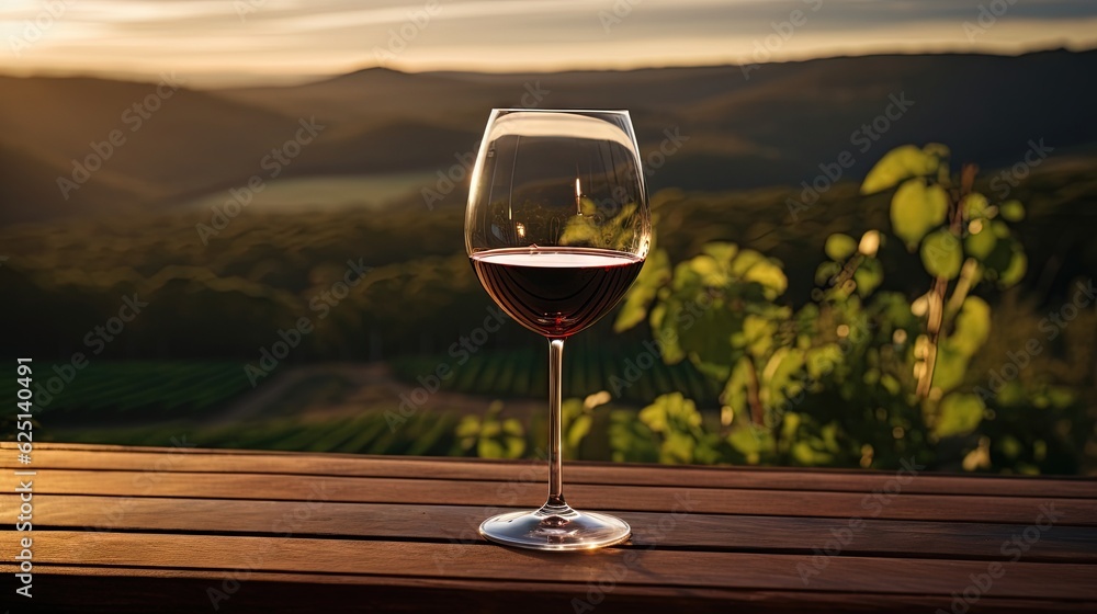  a glass of red wine sitting on a wooden table outside.  generative ai