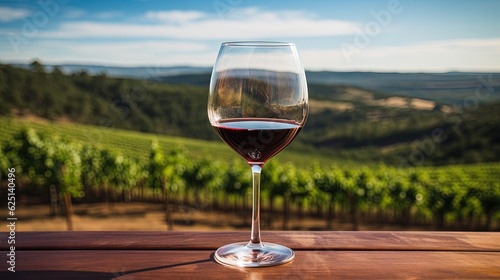  a glass of wine sitting on a table in front of a vineyard. generative ai