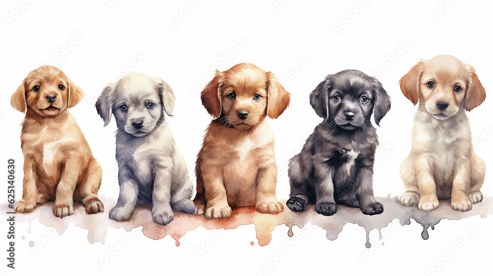 a group of cute watercolor puppies on a white background. generative Ai a group of cute watercolor puppies on a white background. generative Ai