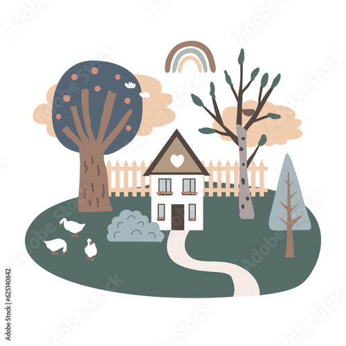 Cute isolated landscape with a house, trees, geese, and rainbow. Nursery Scandinavian style, home concept desigh element. Vector illustration.