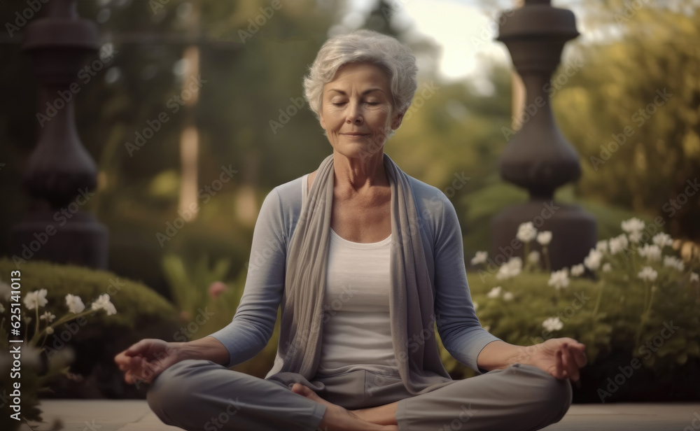 Female elderly doing yoga exercise in garden, Healthy lifestyle concept.