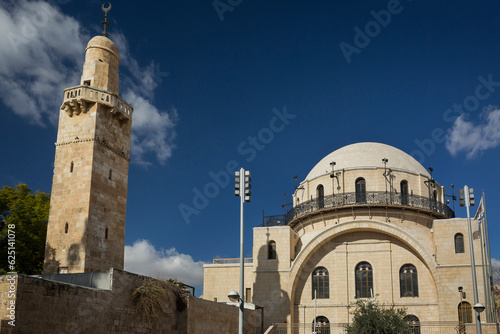 Hurva synagogue, adjacent to the 14th century Sidna Omar mosque, in the Jewish Quarter of the Old City of Jerusalem