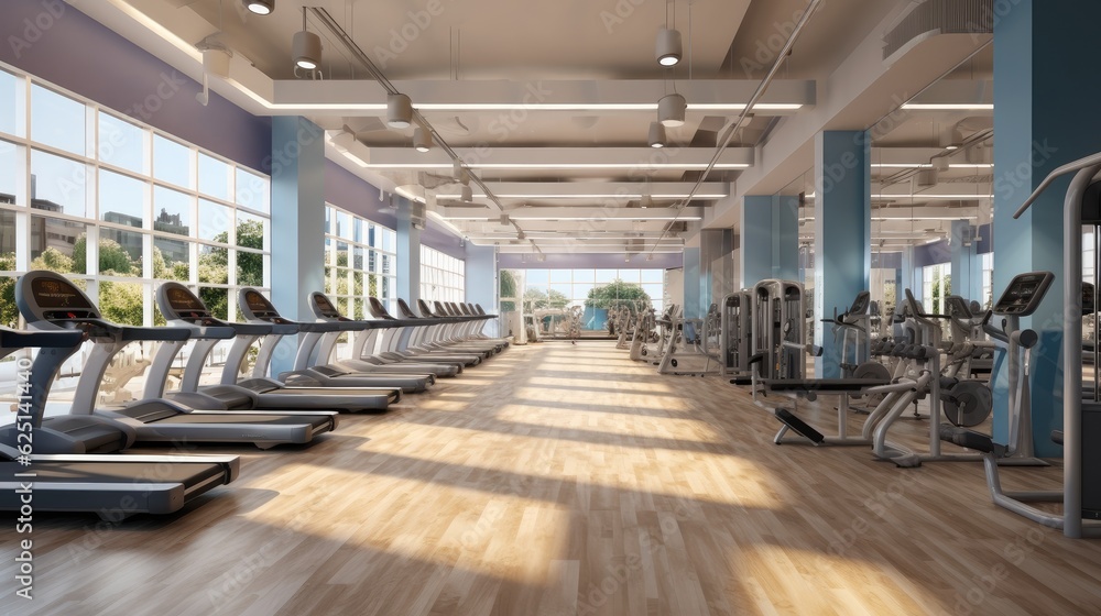 Modern gym interior with various equipment, Healthy lifestyle concept, Fitness, Sport, Training.