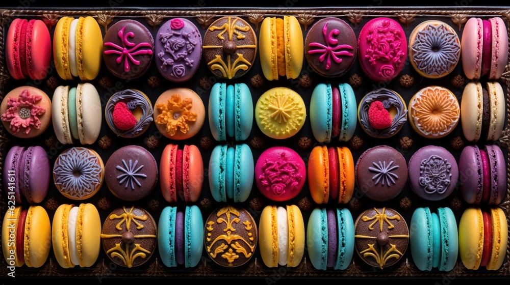  a box filled with lots of different colored macaroons.  generative ai