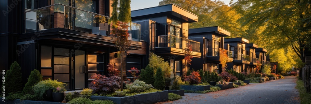 Modern townhouses, Design of urban living residences, Residential architecture exterior. Modern townhouses, Design of urban living residences, Residential architecture exterior.