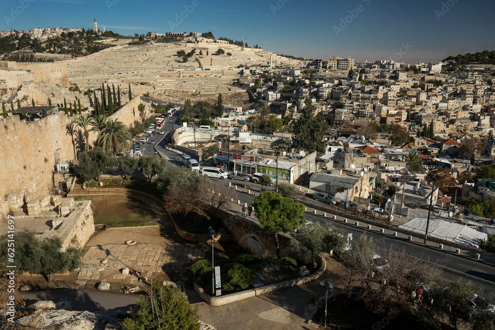 Jewish Quarter and the Mount of Olives from the Ramparts Walk over the Old City wall in Jerusalem