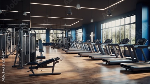 Treadmill at modern gym, Gym interior with sport equipment, Equipment for cardio training.