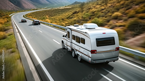 Fényképezés Car with caravan trailer on highway, Lifestyle travel adventure tourism trip journey concept