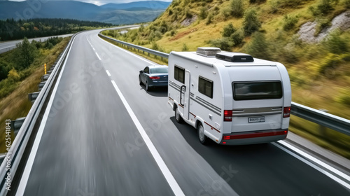 Car with caravan trailer on highway, Lifestyle travel adventure tourism trip journey concept. photo