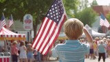 Boy salutes flags at Memorial Day display. Generative AI