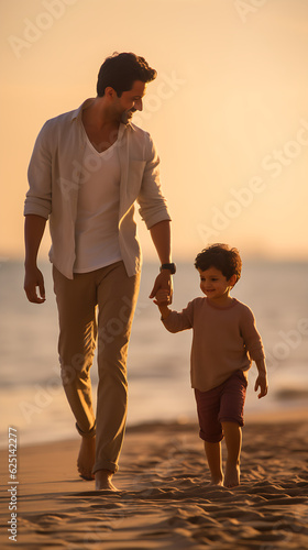 Father and toddler son talking a walk in the beach, enjoying sunrise at golden hour. Generative AI. © CSS Studio