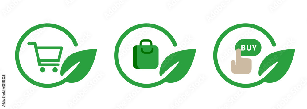 Responsible shopping bag cart buy decision in green leaves circle icon set collection Responsible shopping bag cart buy decision in green leaves circle icon set collection
