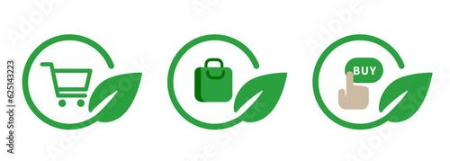 Responsible shopping bag cart buy decision in green leaves circle icon set collection