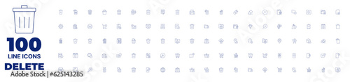 100 icons delete collection. Thin line icon. Editable stroke. Containing bin, book, trash, cancel, delete, email, eraser, error, file, folder, delete file, cancellation, cancelled, cart, clipboard. photo