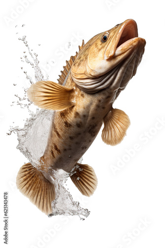 fresh Grouper fish jumping out of the water, white background PNG