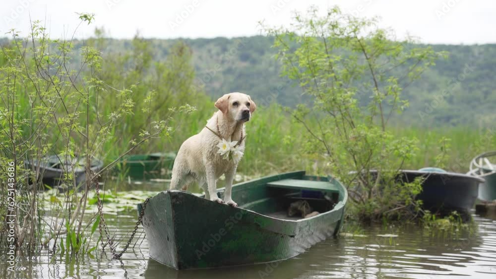 dog in the boat. Fawn Labrador Retriever in nature on lake dog in the boat. Fawn Labrador Retriever in nature on lake