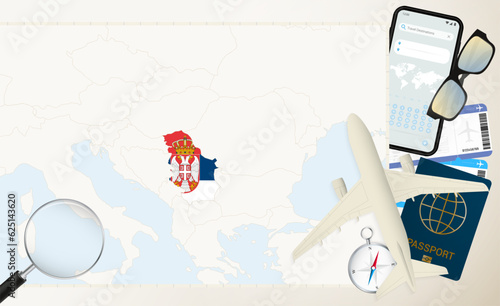 Serbia map and flag, cargo plane on the detailed map of Serbia with flag.