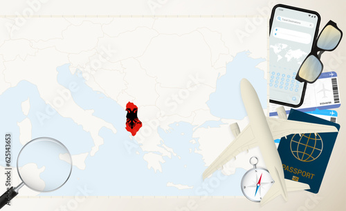 Albania map and flag, cargo plane on the detailed map of Albania with flag.