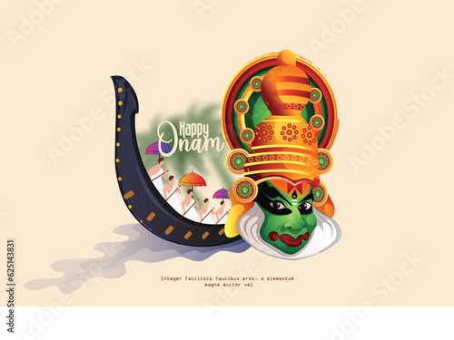 happy onam with kathakali and Kerala boat race, use for poster, leaflet , banner photo