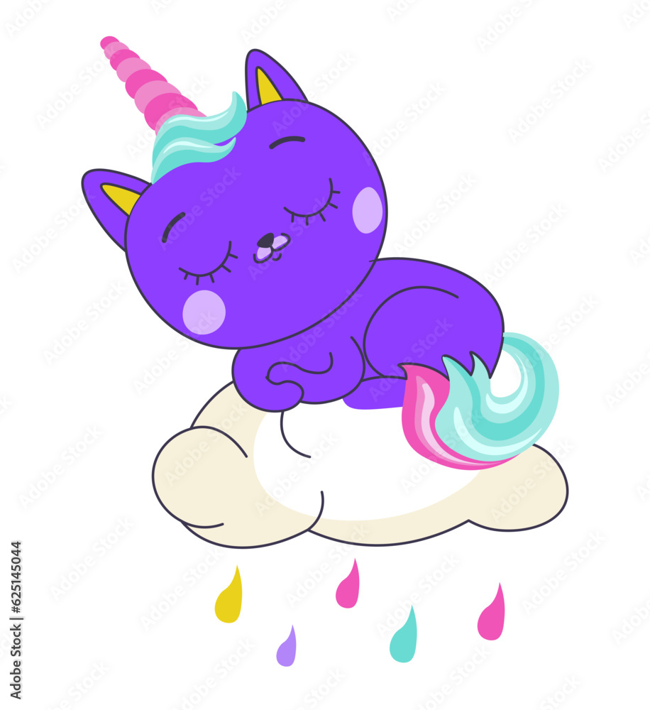Unicorn kitty sleeping on cloud with raindrops Unicorn kitty sleeping on cloud with raindrops