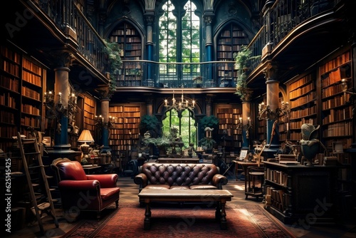 Fotografia Charming Antique Library or Bookstore Overflowing with Books