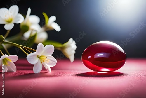 photoshot  red ruby shining  and white jasmine on black table  hyper-realistic  pop color.