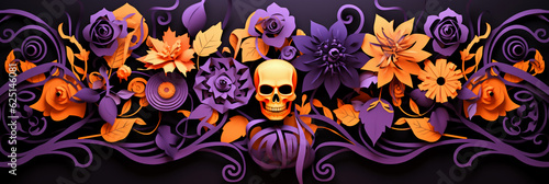 paper cut style Halloween banner with pumpkin jack o lantern and flowers in orange and purple color, AI generated