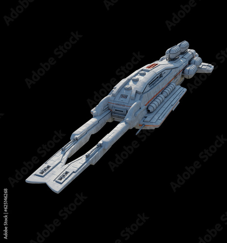 Refuelling Space Ship with White and Orange Colour Scheme on Black Background - Front View , 3d digitally rendered science fiction illustration