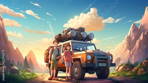 3d rendering of summer trip vector illustration space for your text Family with dogs on vacation. Traveling to camping, tourism concept.