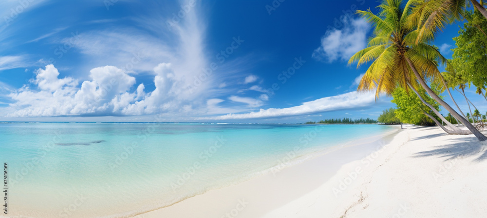 Beautiful beach with white sand, turquoise ocean, blue sky with clouds and palm tree over the water