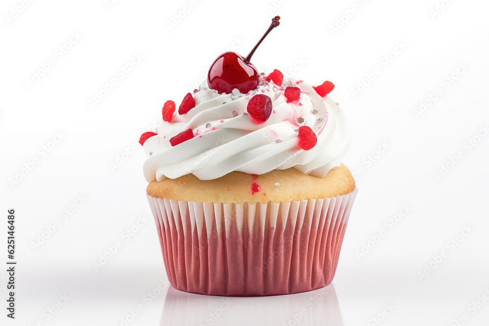 Close-up of vanilla biscuit cupcake with white swirl of whipped cream on top isolated on white background. Delicious muffin with cherry in a paper cup. Close-up of vanilla biscuit cupcake with white swirl of whipped cream on top isolated on white background. Delicious muffin with cherry in a paper cup.